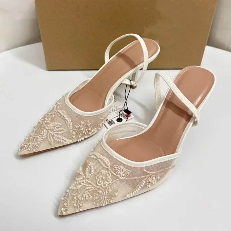 Elegant White Slingback Wedding Pumps - Embroidered Design for Women - Buy Center UK