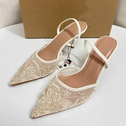 Elegant White Slingback Wedding Pumps - Embroidered Design for Women - Buy Center UK