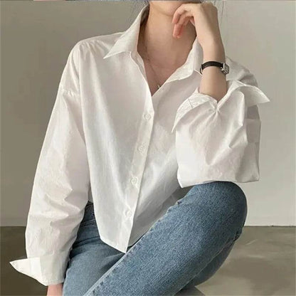 Buy Center Women's Casual White Crop Blouse - Long Sleeve, Trendy Style - Buy Center UK