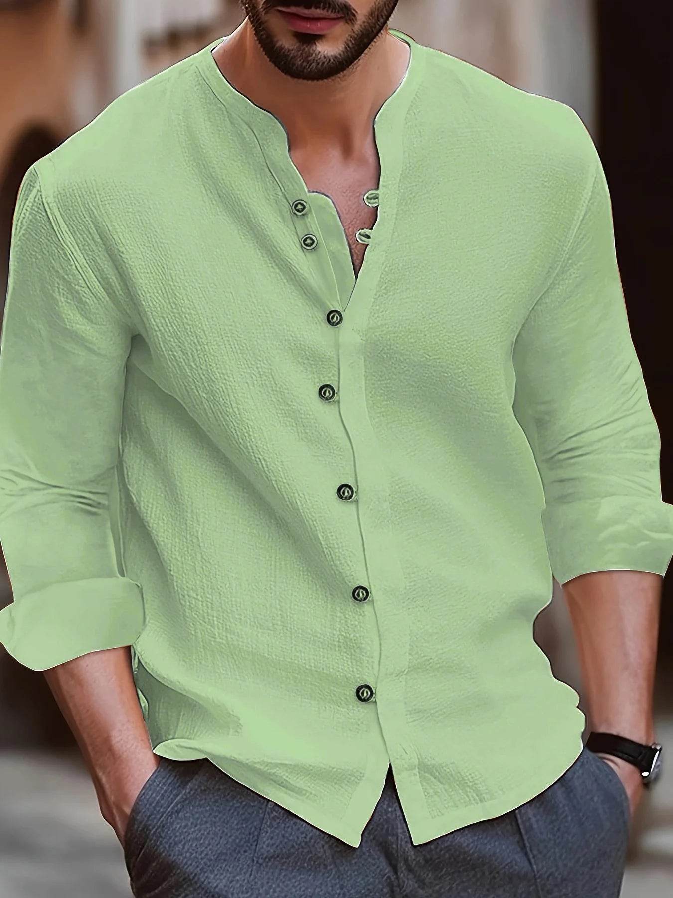 Buy Center Cotton Linen Men's Shirt - Retro Casual Long Sleeve Top - Buy Center UK