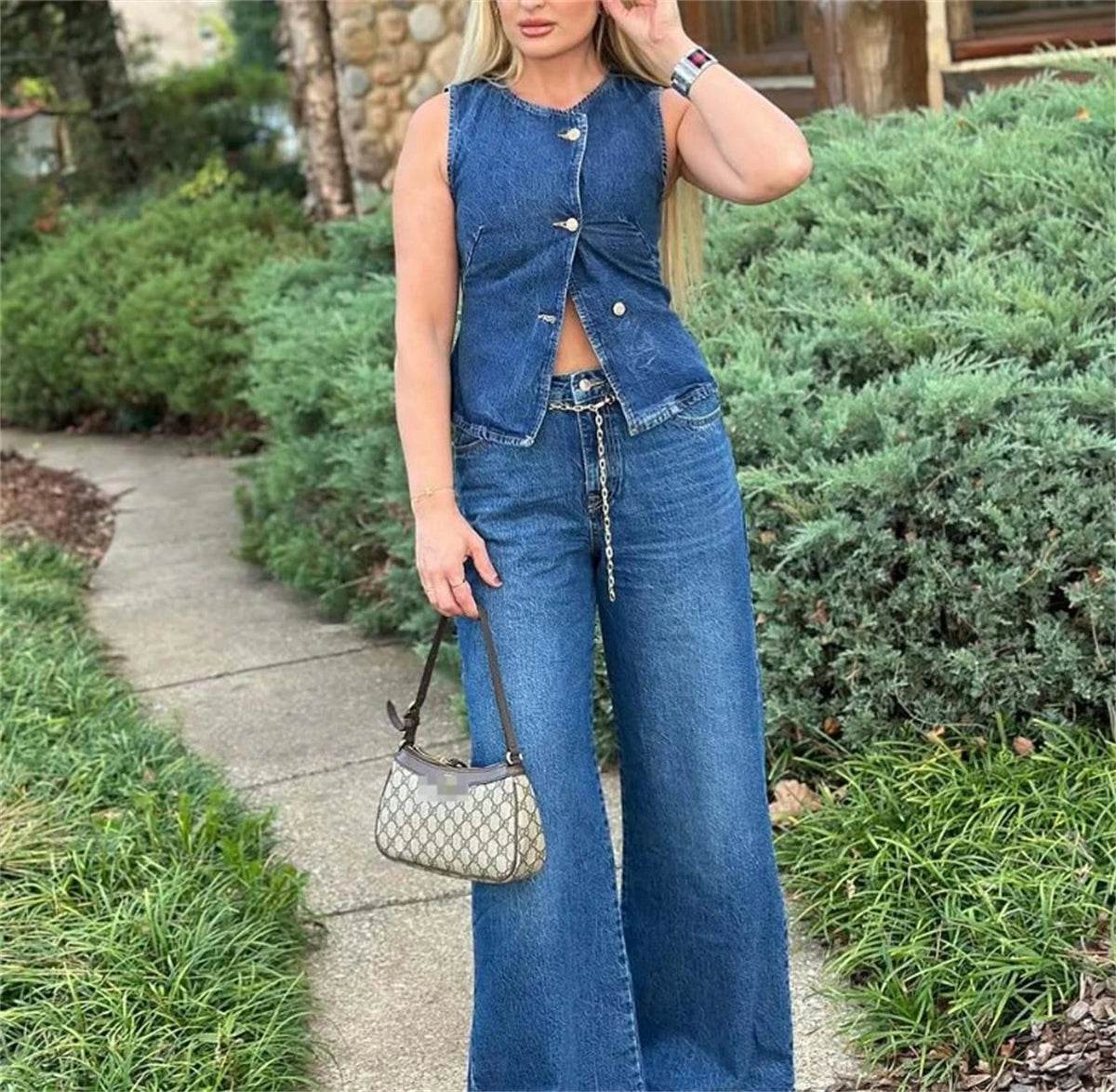 Buy Center Women Jeans 2 Piece Set - Chic Vest & Wide Leg Pants - Buy Center UK