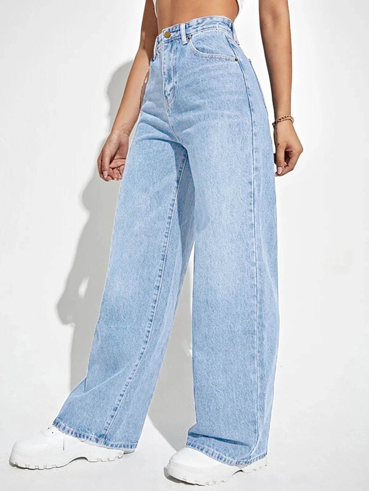 Buy Center Women's High Waist Denim Wide Leg Pants - Chic & Comfortable - Buy Center UK