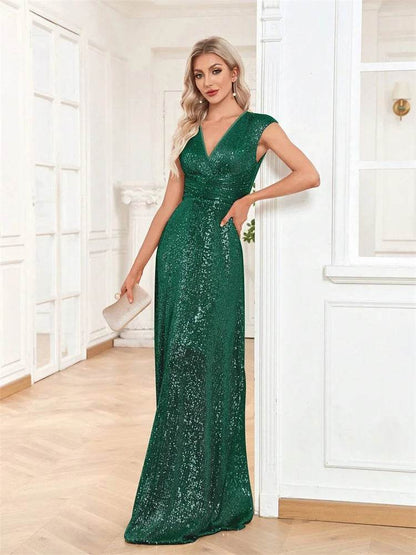 2025 Women Elegant V-neck Mermaid Evening Dress - Floor Length Blue Gown - Buy Center UK
