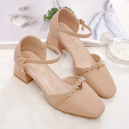 Elegant Women's White Buckle Strap Square Heel Pumps for Office - Buy Center UK