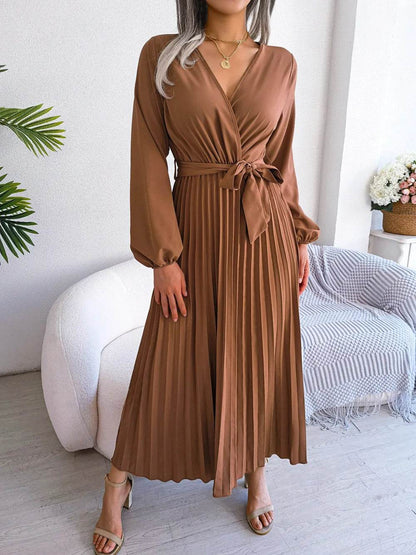 Buy Center Women’s Elegant V Neck Maxi Dress - Long Sleeve & Pleated - Buy Center UK