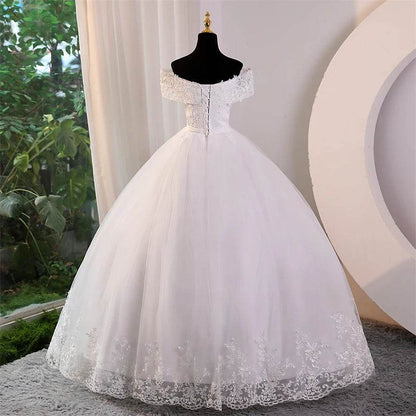 Elegant Plus Size White Wedding Dress - Off The Shoulder, Appliques - Buy Center UK