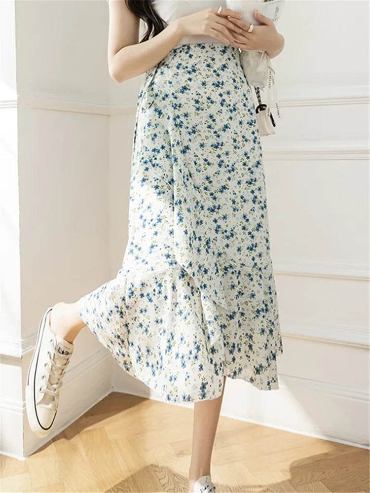REALEFT Vintage Floral A-line Skirt - High Waist Midi Length - Buy Center UK