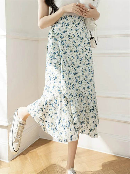 REALEFT Vintage Floral A-line Skirt - High Waist Midi Length - Buy Center UK
