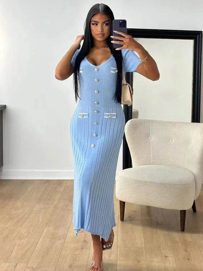 Buy Center Elegant Knitted Long Dress - V-neck Bodycon for Summer - Buy Center UK