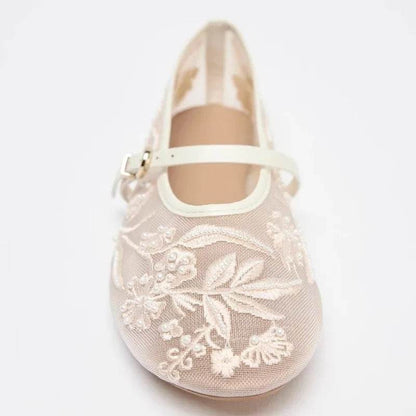Stylish Mesh Embroidery Mary Jane Ballet Flats - Low Heel Comfort - Buy Center UK