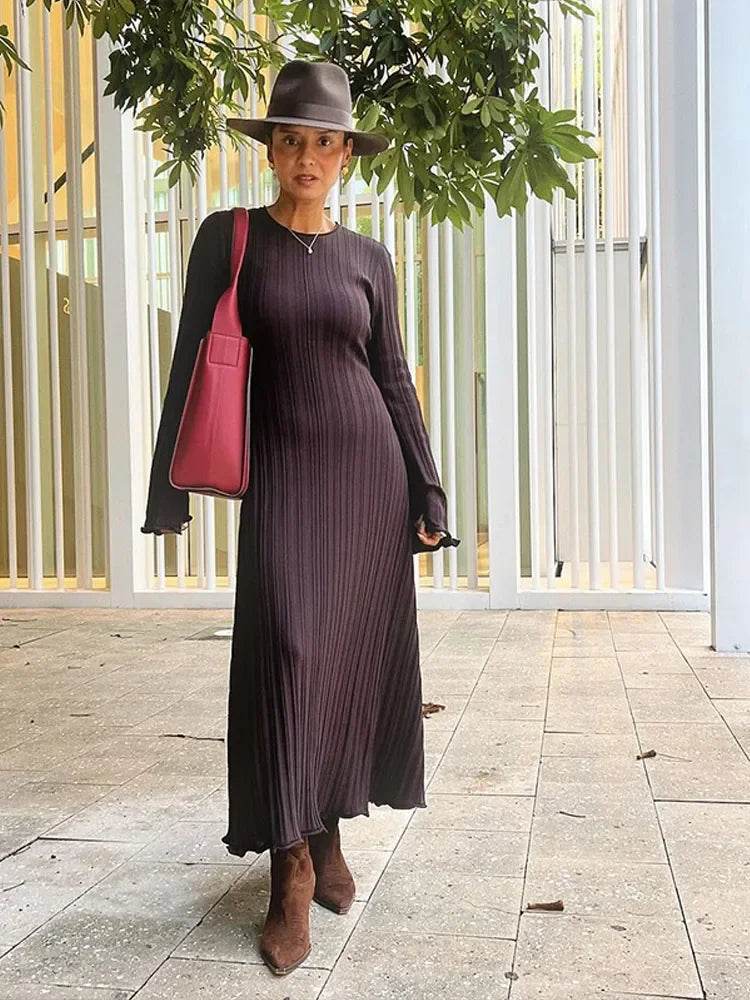 Buy Center Solid Knitted Long Dress - Slim Fit O-neck, Pleated Style - Buy Center UK