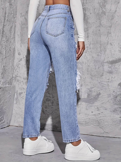 Buy Center High Waist Hole-Punched Jeans - Women’s Wide-Legged Style - Buy Center UK