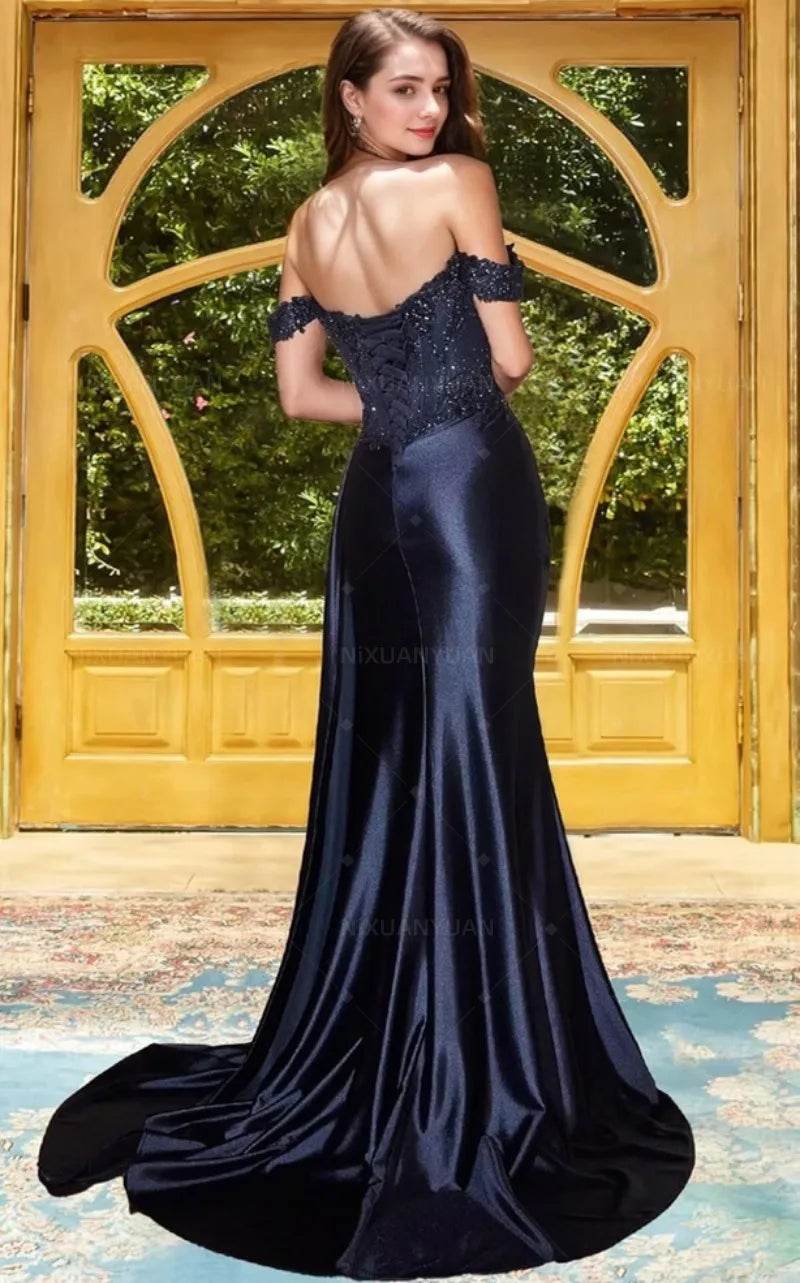 Navy Blue Strapless Satin Prom Dress – Elegant Split Evening Gown - Buy Center UK