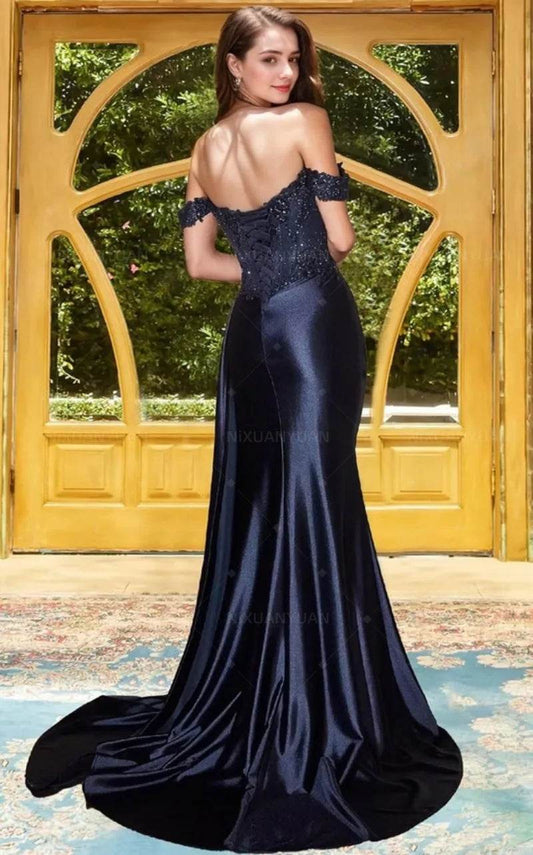 Navy Blue Strapless Satin Prom Dress – Elegant Split Evening Gown - Buy Center UK