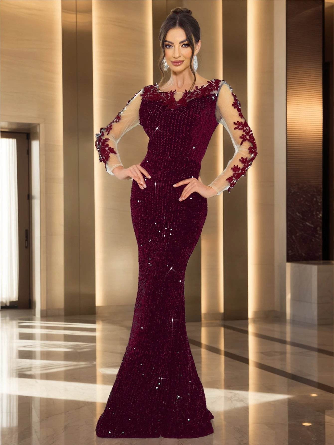 Romagic O Neck Long Sleeve Floral Sequin Dress - Elegant Party Wear - Buy Center UK