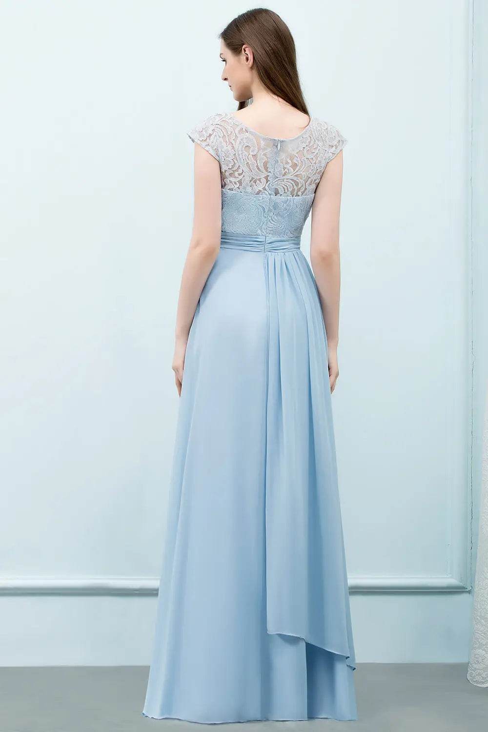 Elegant Light Blue Chiffon Bridesmaid Dress - Cap Sleeve & Lace - Buy Center UK