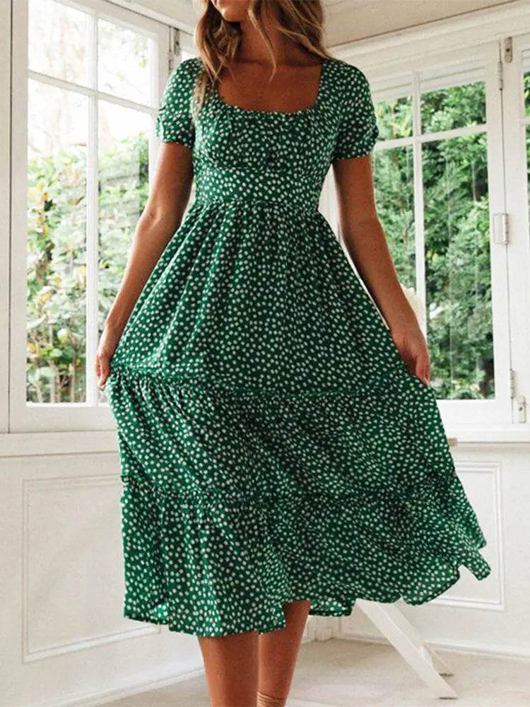 Buy Center Vintage Puff Sleeve Summer Maxi Dress - Floral Square Collar - Buy Center UK