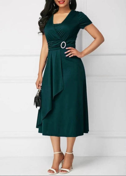 Elegant Summer Midi Dress - Women’s V Neck Asymmetric Hem Style - Buy Center UK