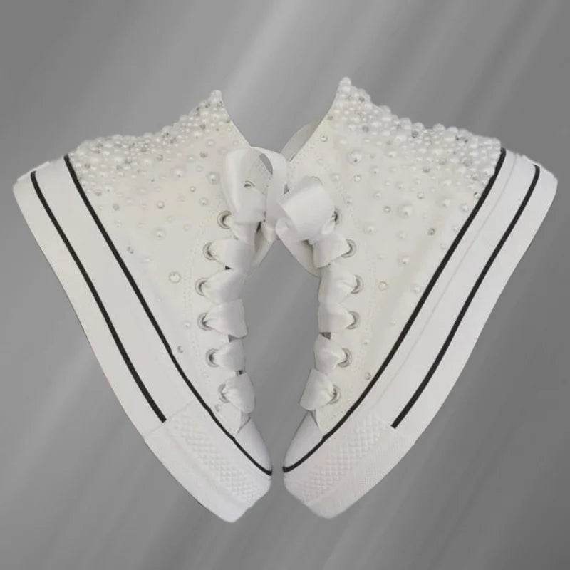 Hand-Made Pearl Rhinestone Canvas Shoes - High Top Women's Size 35-40 - Buy Center UK