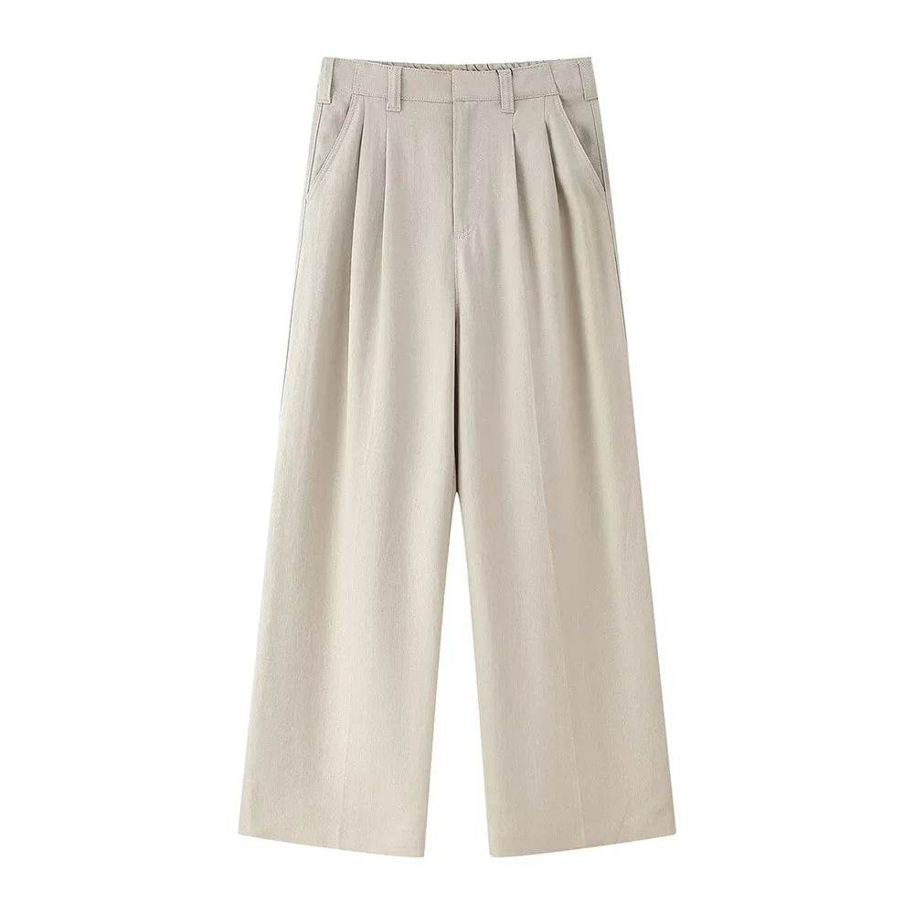 PB&ZA Women's Sleek Beige Blazer & Wide Leg Pants Set for Summer - Buy Center UK