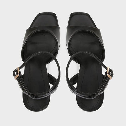 Elegant Black Patent Leather Heeled Sandals - Ankle Strap Design - Buy Center UK