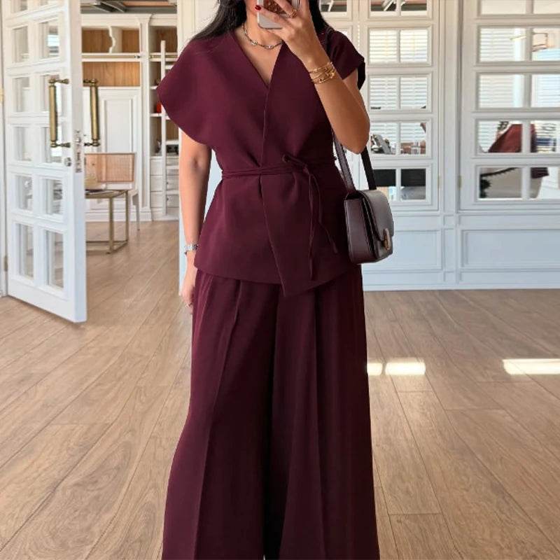 Buy Center Women's Loose Lace Up Shirt & Pleated Pants Set - Spring Style - Buy Center UK
