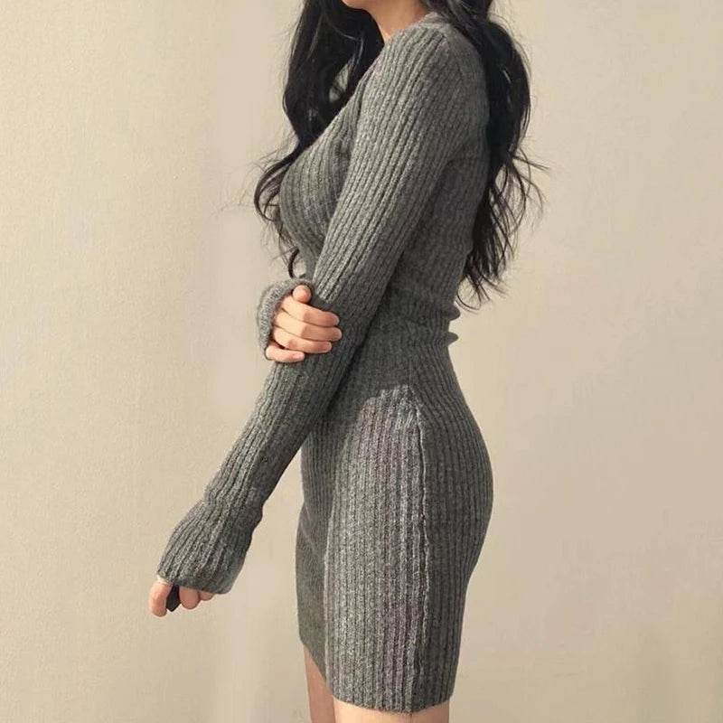 Buy Center Women Knit Bodycon Dress - V-Neck Long Sleeve, Midi Style - Buy Center UK