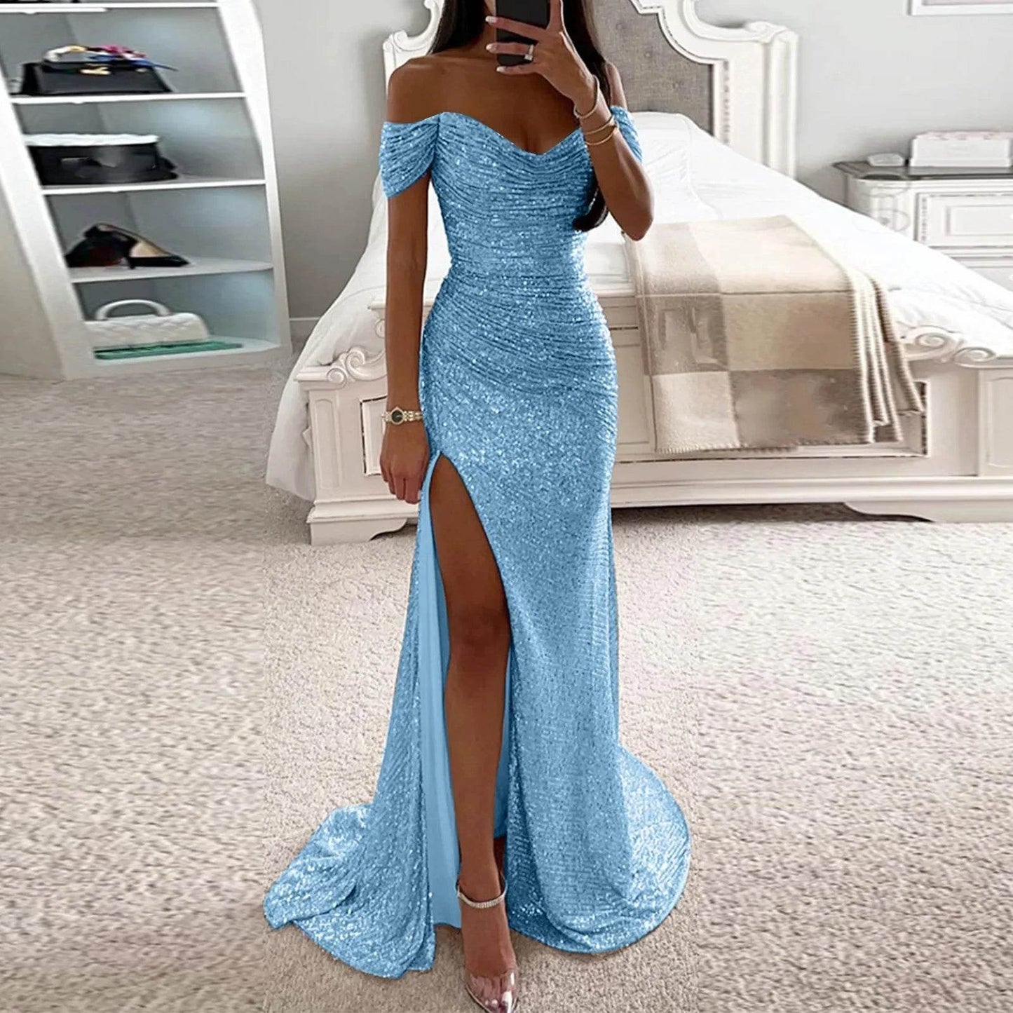 Chic Off-Shoulder Sequin Maxi Dress - Elegant Mermaid Gown 2025 - Buy Center UK