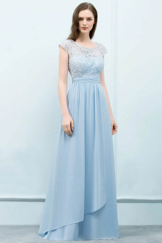 Elegant Light Blue Chiffon Bridesmaid Dress - Cap Sleeve & Lace - Buy Center UK