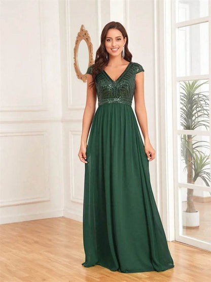 Elegant Chiffon Evening Dress - V-Neck Sequins Gown for Women - Buy Center UK