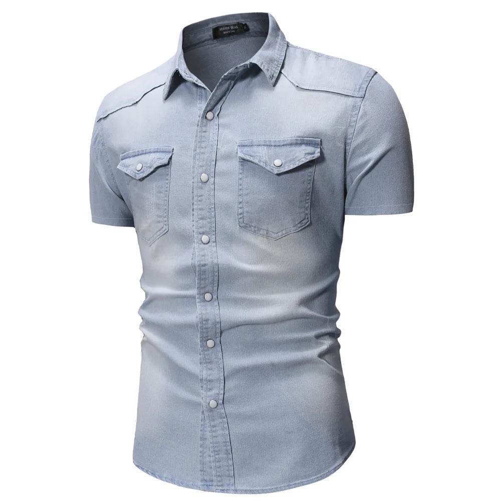 Buy Center Men's Slim Fit Denim Shirt - Short Sleeve Casual Top - Buy Center UK