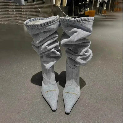 Wind Pointed Folded Pile Boots - Stiletto High Heels for All Seasons - Buy Center UK