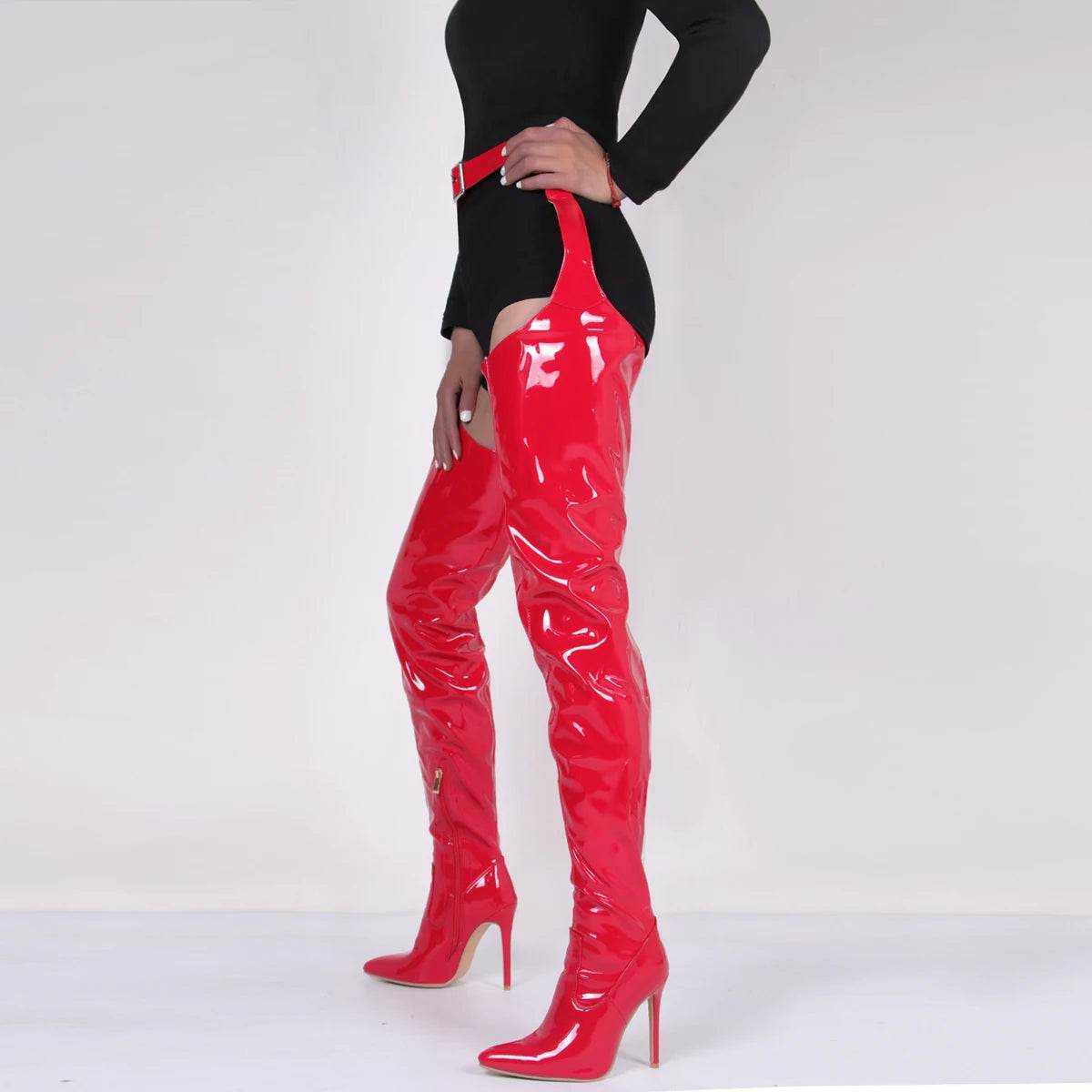 Red Patent Leather Over The Knee High Heels - Waterproof Stiletto Boots - Buy Center UK