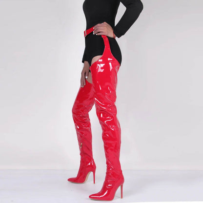 Red Patent Leather Over The Knee High Heels - Waterproof Stiletto Boots - Buy Center UK