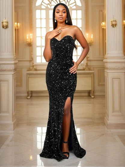Romagic Red Sequin Cocktail Dress - Strapless Mermaid Style, Sexy Slit - Buy Center UK