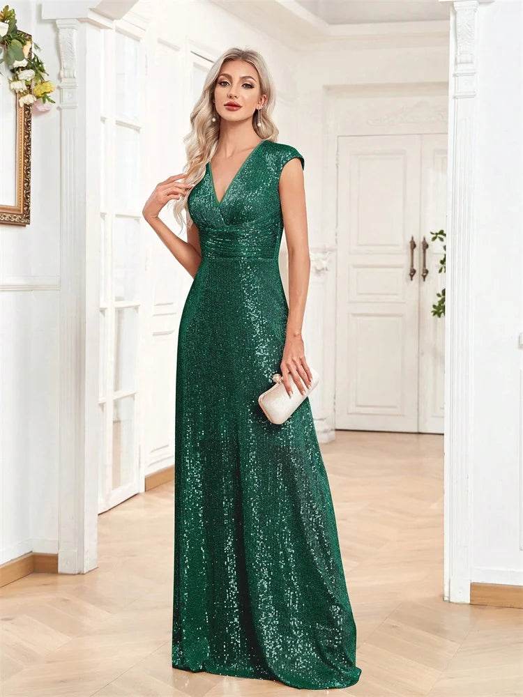 2025 Women Elegant V-neck Mermaid Evening Dress - Floor Length Blue Gown - Buy Center UK