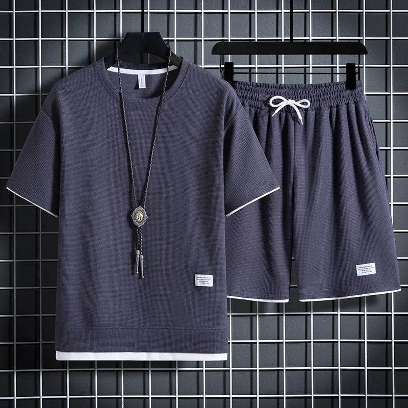 Buy Center Summer Men's Waffle Set - Casual T-Shirt & Shorts Combo - Buy Center UK
