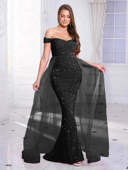 Hot Pink Sequined Prom Dress - Off Shoulder Ball Gown by Buy Center - Buy Center UK