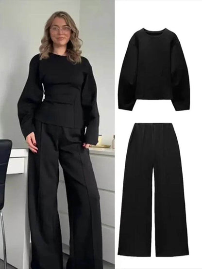 Elegant Women's Two-Piece Set - High Waist Wide Leg Trousers - Buy Center UK