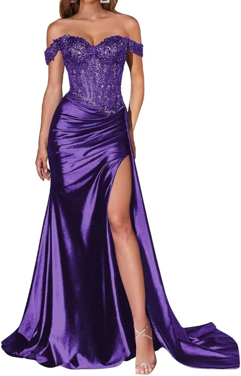 Navy Blue Strapless Satin Prom Dress – Elegant Split Evening Gown - Buy Center UK