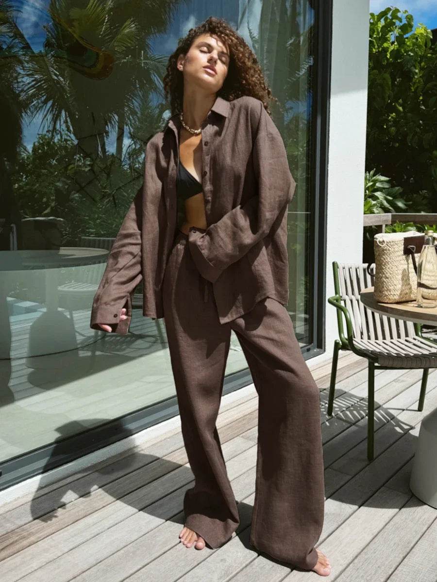 Buy Center Women's Casual Cotton Linen Pant Set - Chic Long Sleeve - Buy Center UK