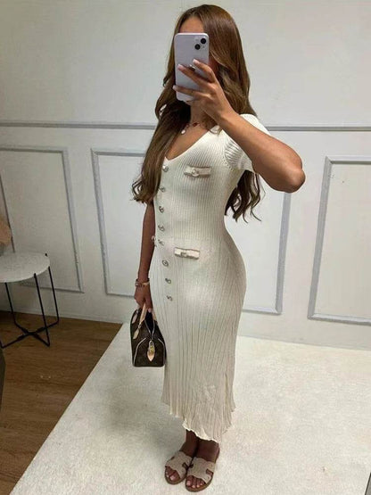 Buy Center Elegant Knitted Long Dress - V-neck Bodycon for Summer - Buy Center UK