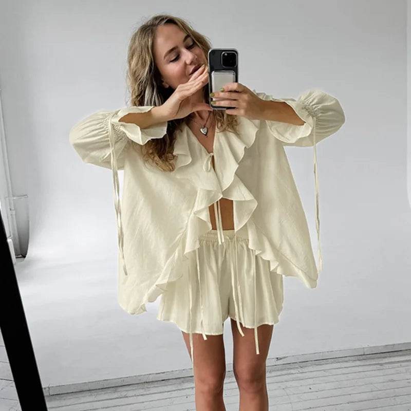 Tuularose Women's Casual Shorts Set - Ruffled Tie Top & Comfort Fit - Buy Center UK