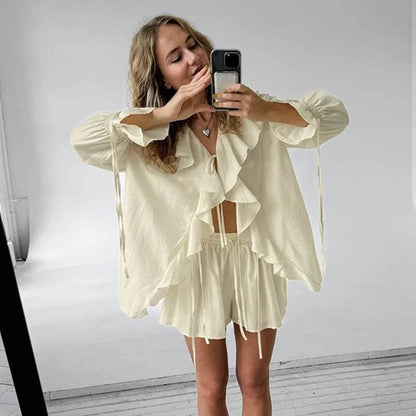 Tuularose Women's Casual Shorts Set - Ruffled Tie Top & Comfort Fit - Buy Center UK