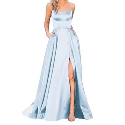 Buy Center Long Backless Satin Dress - Sexy Side Slit Evening Gown - Buy Center UK
