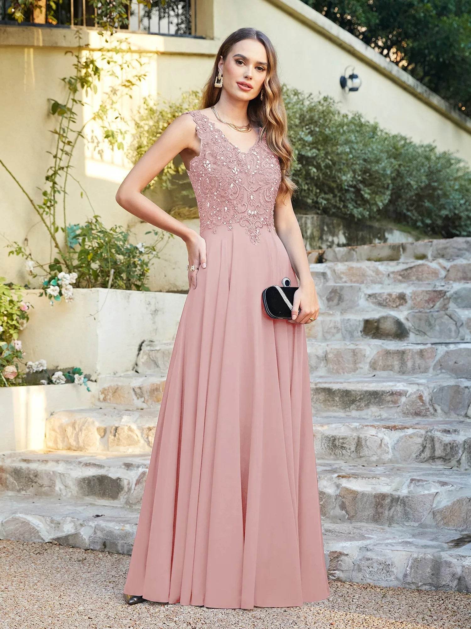 Elegant Navy Blue Chiffon Beaded Evening Dress - V-Neck Sleeveless Gown - Buy Center UK
