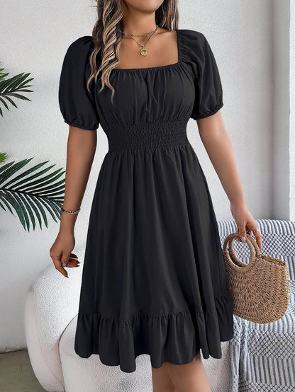 Women's Midi Dress 2024 - Elegant Square Neck and Ruffle Edge - Buy Center UK