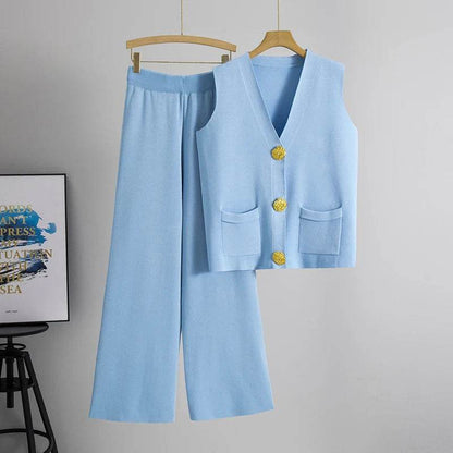 Buy Center Casual Knit Women’s Suit - V-neck Sleeveless & Wide Leg Pants - Buy Center UK