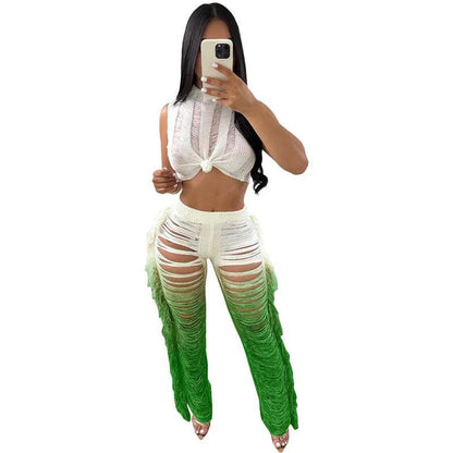 Gradient Color Crochet Two Piece Set - Summer Crop Top & Wide Leg Pants - Buy Center UK