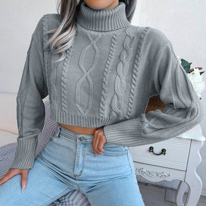 Women’s Turtleneck Crop Sweater - Long Sleeve Casual Knitted Top - Buy Center UK